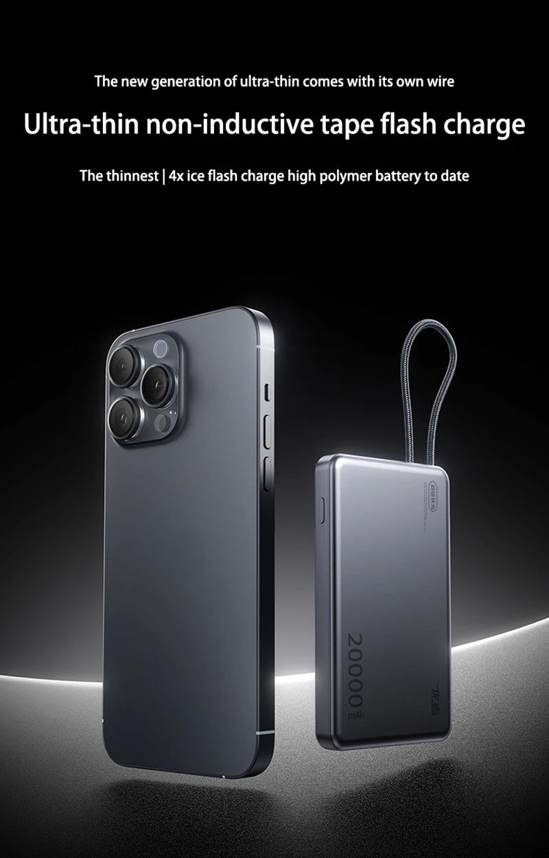 New 20000mAh Large Capacity Fast Charging Power Bank Genuine with built-in Cable Ultra-thin Compact Portable Carried on Airplane