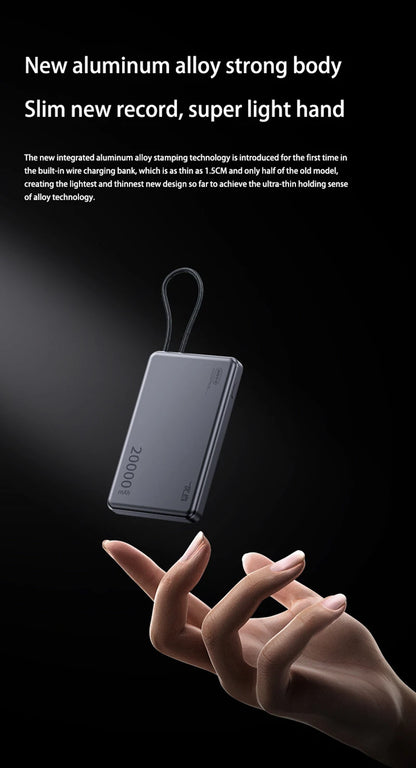 नया 20000mAh बड़ी क्षमता वाला फास्ट चार्जिंग पावर बैंक असली बिल्ट-इन केबल के साथ अल्ट्रा-थिन कॉम्पैक्ट हवाई जहाज के लिए उपयुक्त